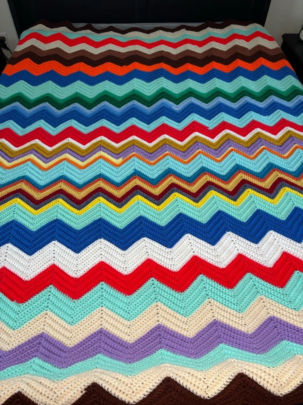 Vintage MCM 1970s Rainbow ZigZag Chevron Afghan Granny Core Blanket Throw 72x52”